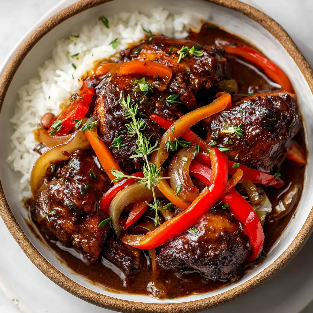 A detailed close-up of a piece of Jamaican Brown Stew Chicken being lifted from the bowl, showing its glistening, dark brown sauce and tender texture. In the background are soft julienned peppers and coconut rice.