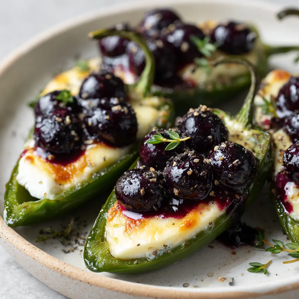 Blistered whole blueberries mixed with a thick, dark purple sweet blueberry glaze dripping slightly down the pepper sides, garnished with fresh thyme and black pepper.