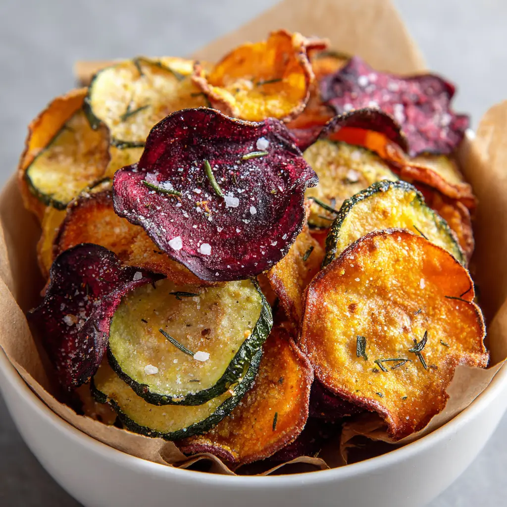 Vibrant mix of pale green zucchini, deep purple beet, and orange sweet potato Air Fryer Veggie Chips scattered over parchment paper in natural daylight.