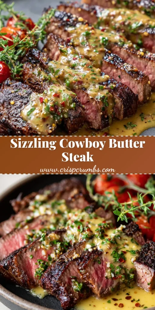 A dark ceramic plate featuring sliced, medium-rare seared Cowboy Butter Steak topped with golden, spicy herb butter sauce, blistered cherry tomatoes, and fresh thyme.