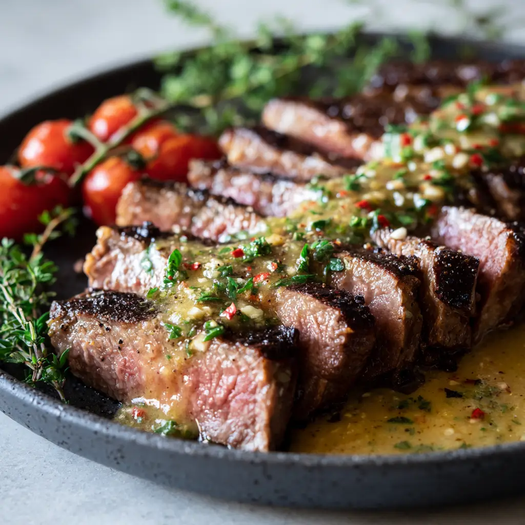 Thick slices of pan-seared steak with a dark brown charred crust, pooling in melted golden butter sauce with fresh garlic and blistered tomatoes.