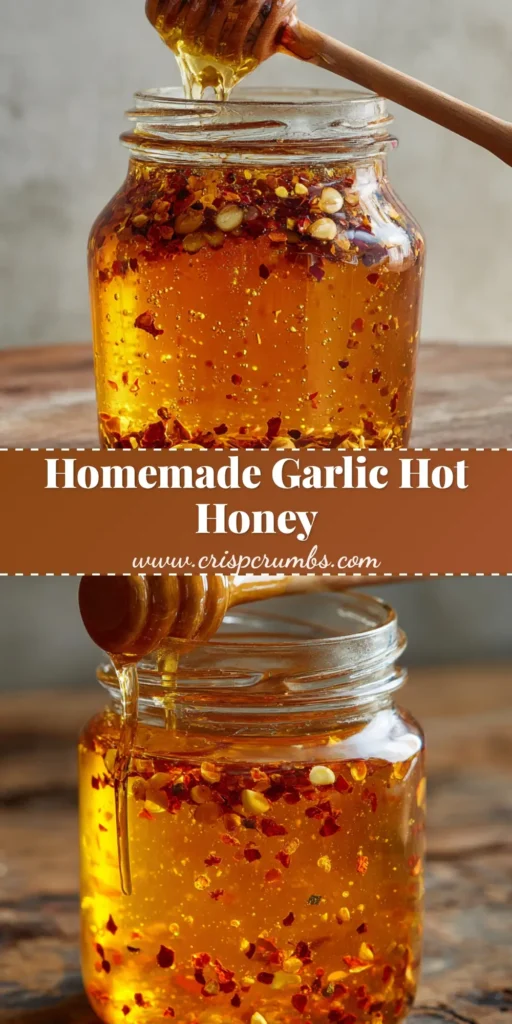 A clear glass mason jar filled with thick, glowing golden-amber honey, densely infused with whole soft roasted garlic cloves and suspended crushed red pepper flakes. (Garlic Hot Honey)