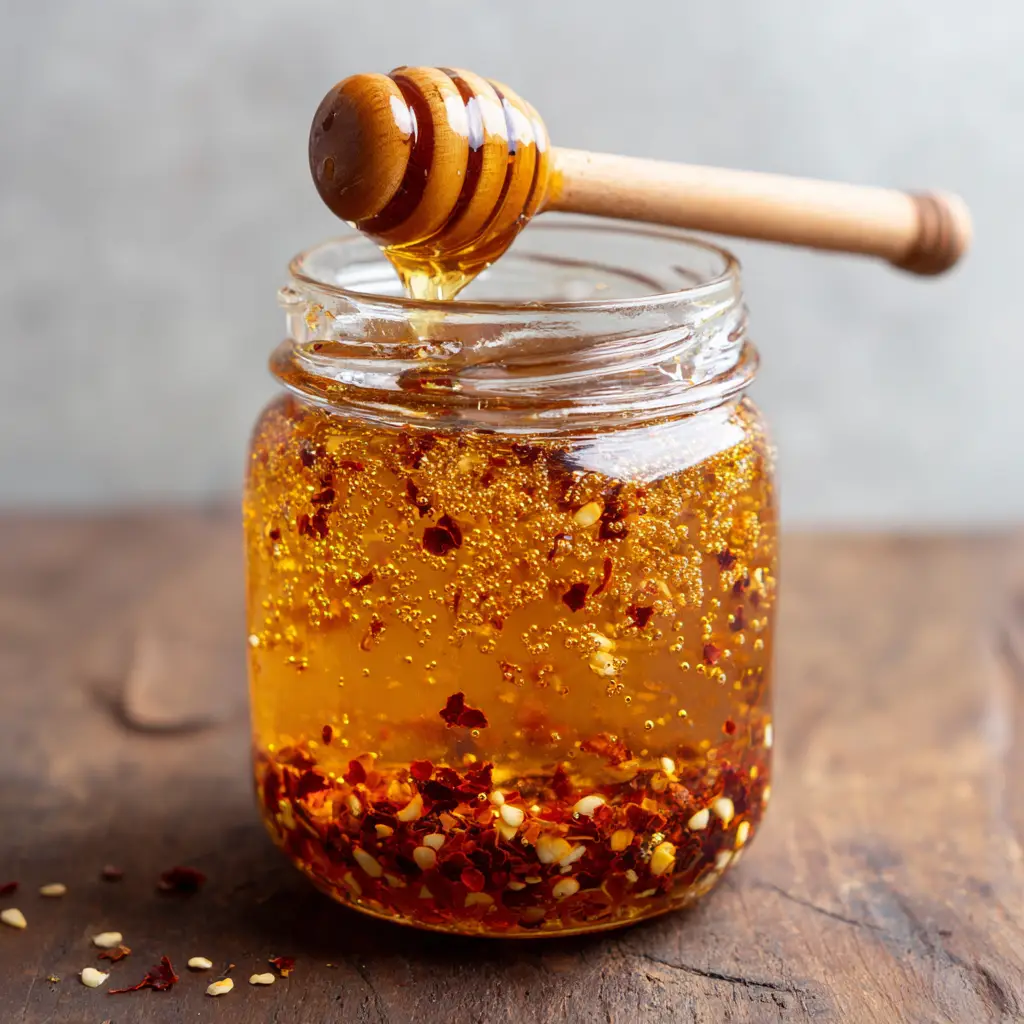 Rustic wooden kitchen counter with a mason jar of thick spicy honey, infused with crushed red pepper flakes and whole soft roasted garlic cloves.