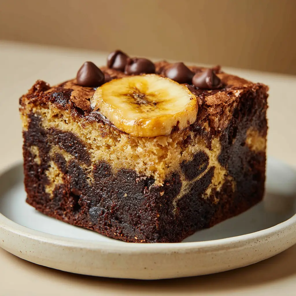Macro shot of the slightly crackly and glossy surface of Banana Bread Brownies dotted with semi-sweet chocolate chips.