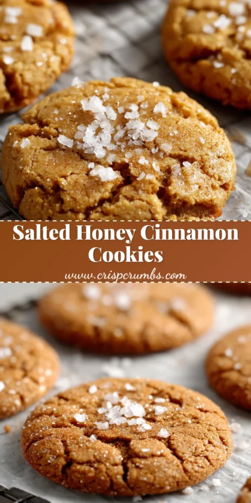 A stack of Salted Honey Cinnamon Cookies topped with flaky sea salt and ground cinnamon resting on a cooling rack.