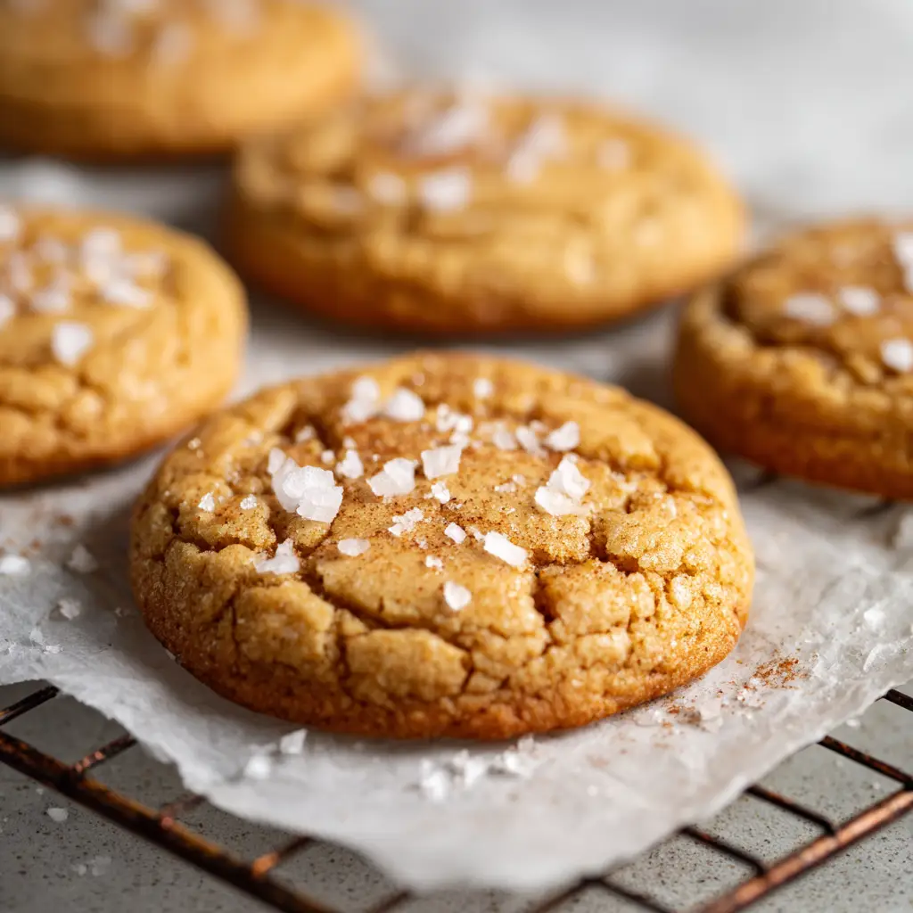 Overhead view of Salted Honey Cinnamon Cookies on parchment paper sprinkled with coarse flaky white sea salt.
