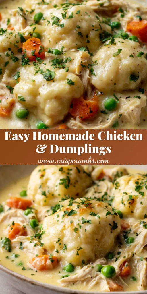 A rustic white ceramic bowl filled with thick pale-yellow Chicken and Dumplings, featuring shredded white chicken breast, bright diced carrots, green peas, and large fluffy pale-cream drop dumplings garnished with parsley.