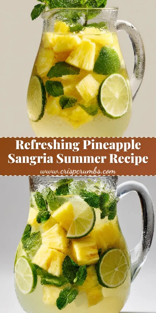 A clear glass pitcher filled with pale yellow Pineapple Sangria, packed with fresh yellow pineapple chunks, green lime cross-sections, and mint leaves on a neutral background.