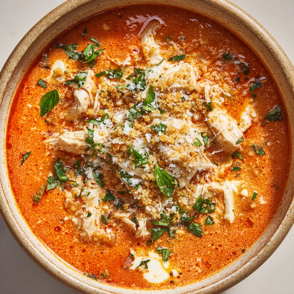 Top-down view of Creamy Chicken Parmesan Soup garnished with finely chopped bright green fresh parsley, small torn basil leaves, and golden-brown crispy toasted breadcrumbs.