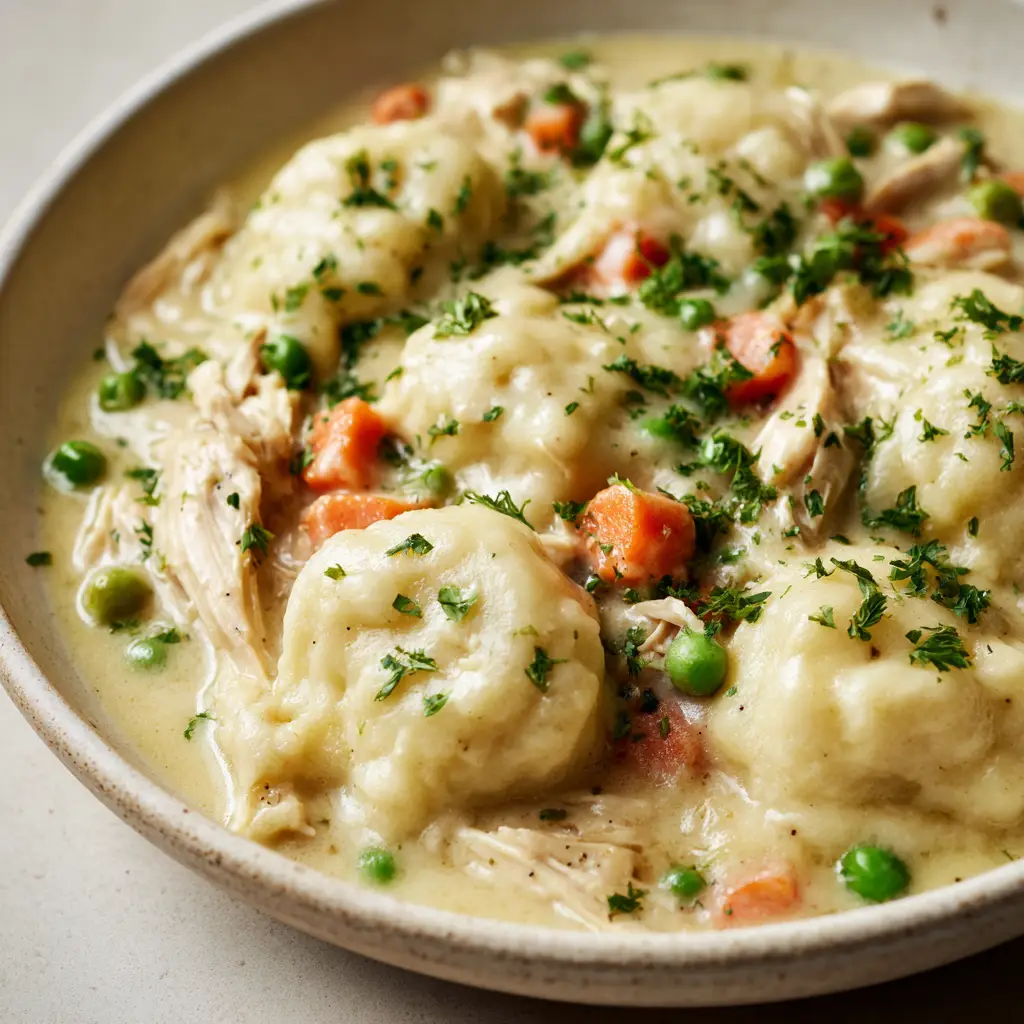 A spoonful of creamy chicken and dumplings showing shredded white chicken, bright orange carrots, and green peas.