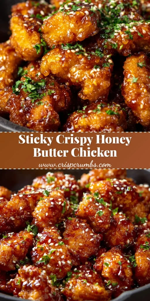 A dark cast iron skillet filled with crispy golden-brown fried Honey Butter Chicken chunks, coated in a thick amber glaze, garnished with sesame seeds and chopped green parsley.