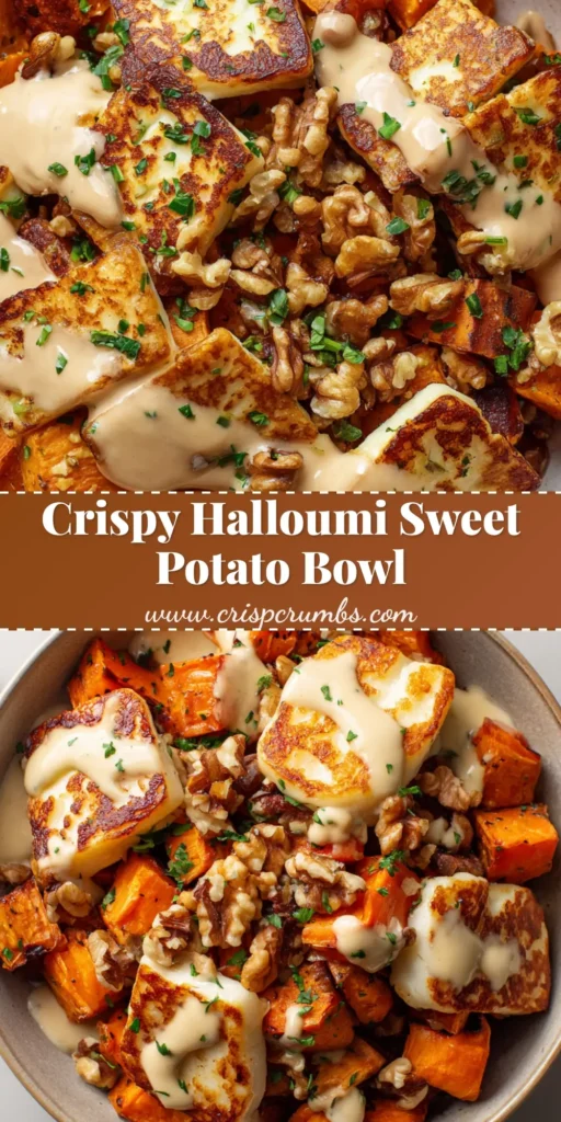 A close-up top-down view of a Halloumi Sweet Potato Bowl with crispy cheese, caramelized sweet potatoes, tahini drizzle, and toasted walnuts.