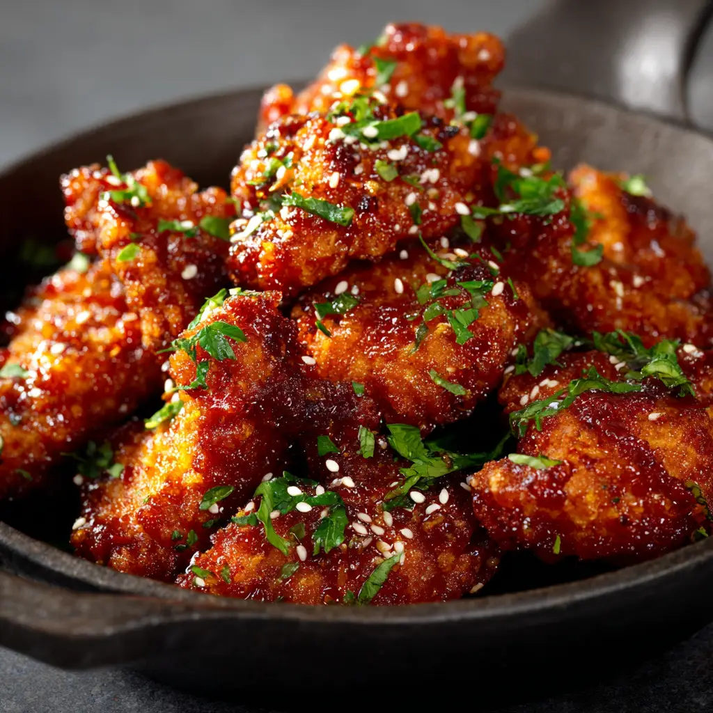 Realistic food photography showing craggy fried chicken bites tossed in a sticky honey butter glaze with green parsley flakes.