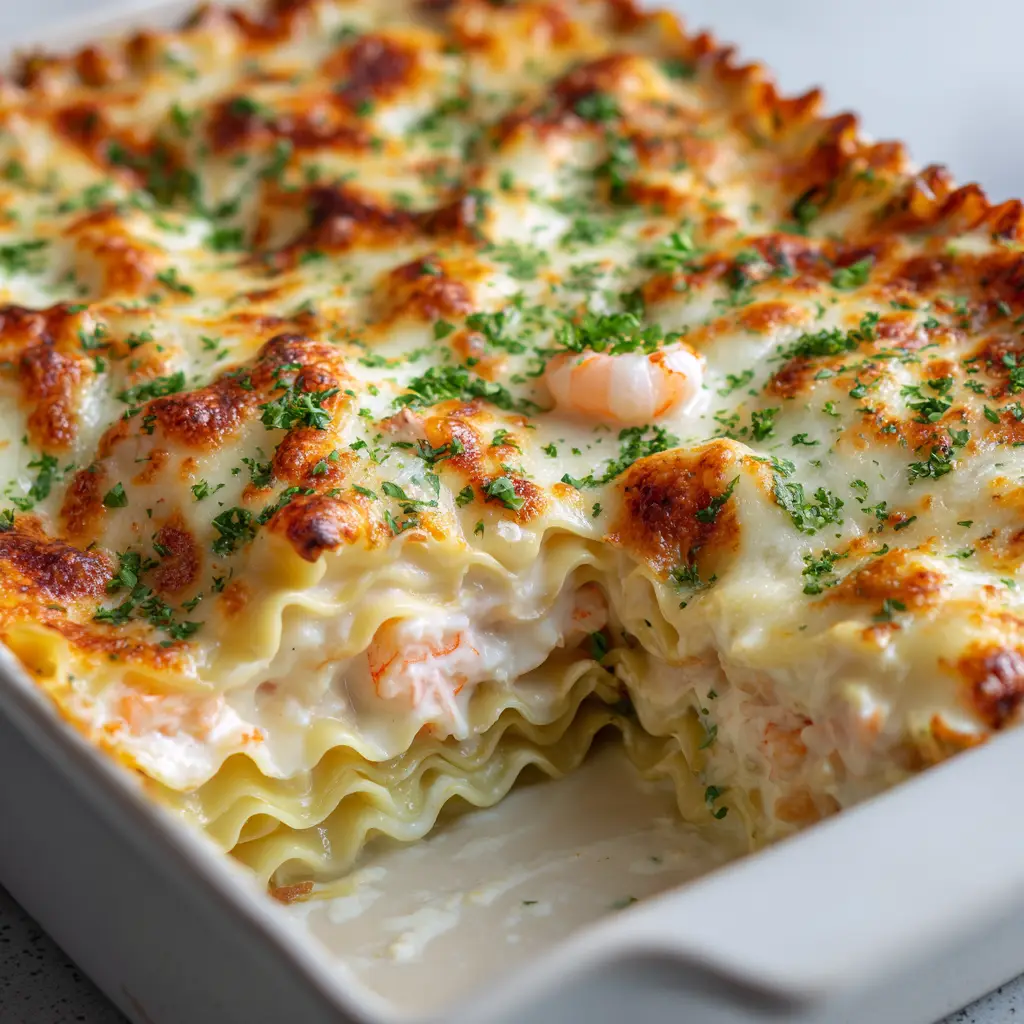 Top-down view of the Creamy Seafood Lasagna surface showing melted bubbly mozzarella cheese with golden-brown, slightly blistered and charred spots and a light dusting of fine bright green chopped parsley flakes.