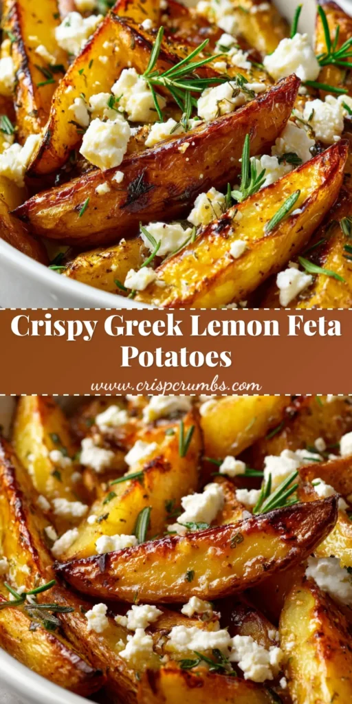 Crispy roasted golden-brown Greek Lemon Potato wedges with blistered edges, topped with crumbled feta cheese and fresh rosemary in a rustic white ceramic dish.