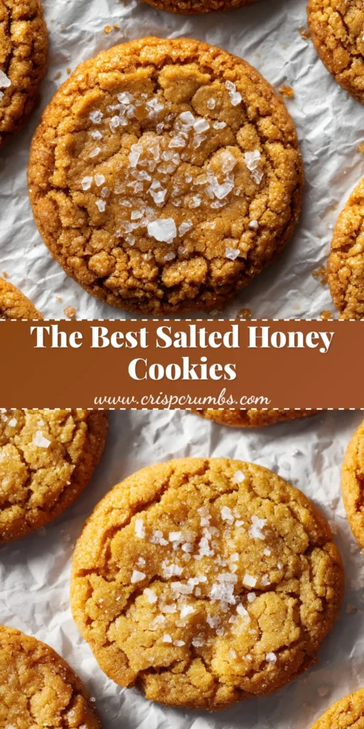 A tall stack of golden brown salted honey cookies with glossy, cracked centers and a generous sprinkle of flaky sea salt.