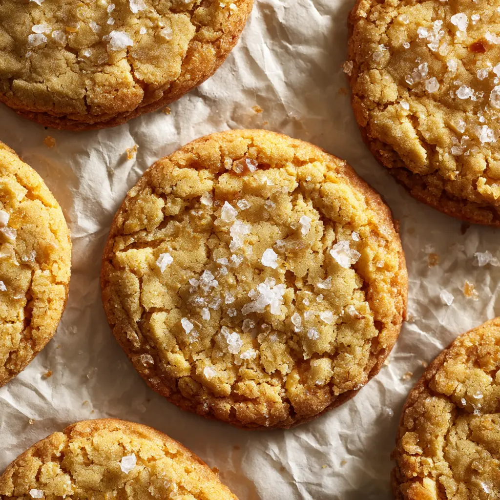 A close up look at the deeply caramelized crispy golden edges of a salted honey cookie.
