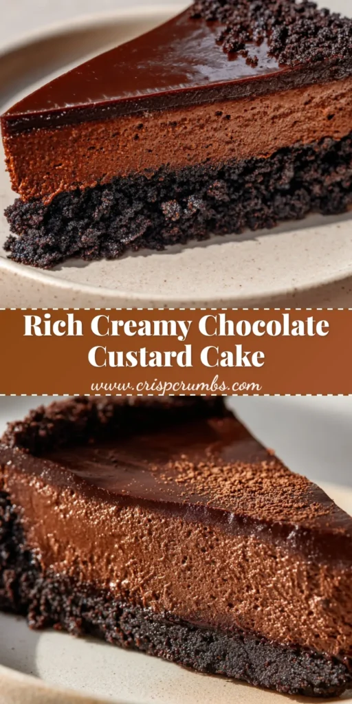 A decadent slice of chocolate custard cake with a thick crushed cookie crust and glossy dark cocoa filling.