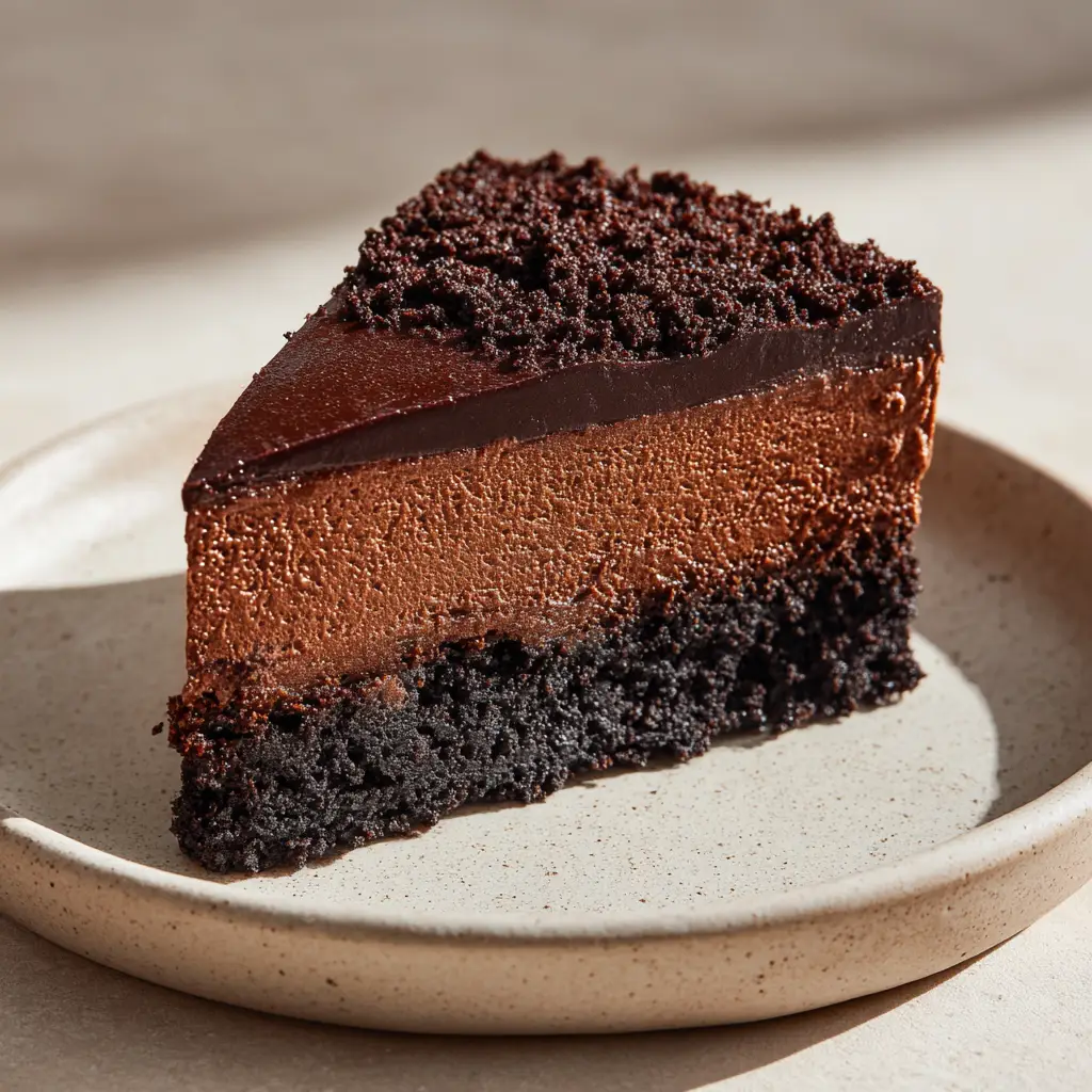 Close-up highlighting the velvety texture and sheen of the dark cocoa chocolate custard layer.