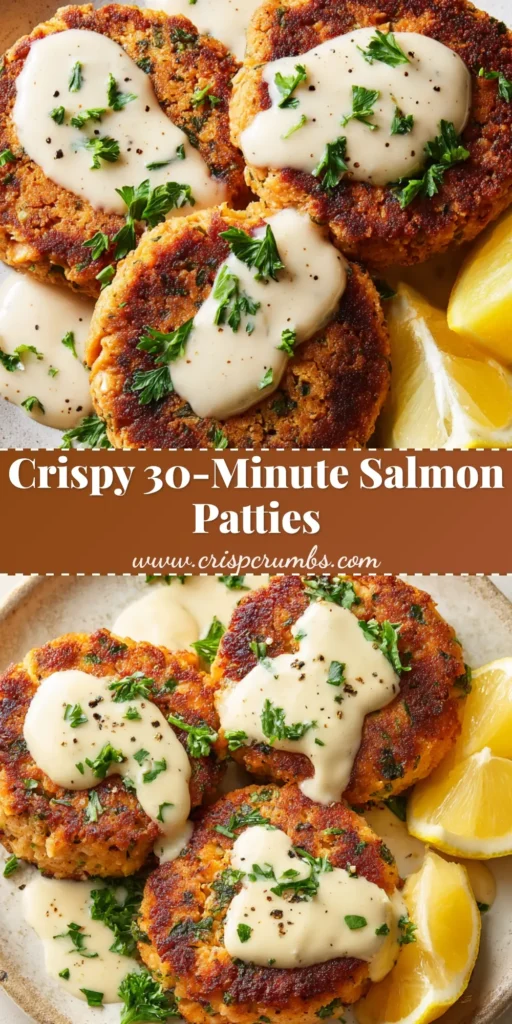 A close-up of three golden-brown Salmon Patties drizzled with a creamy off-white lemon-garlic sauce, garnished with fresh parsley and black pepper flakes, next to yellow lemon wedges.