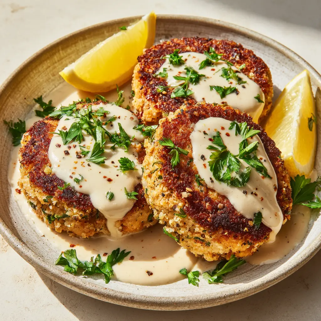 Close-up of crispy, textured salmon patties showing the golden-brown crust and flaked black pepper garnish on an off-white table.