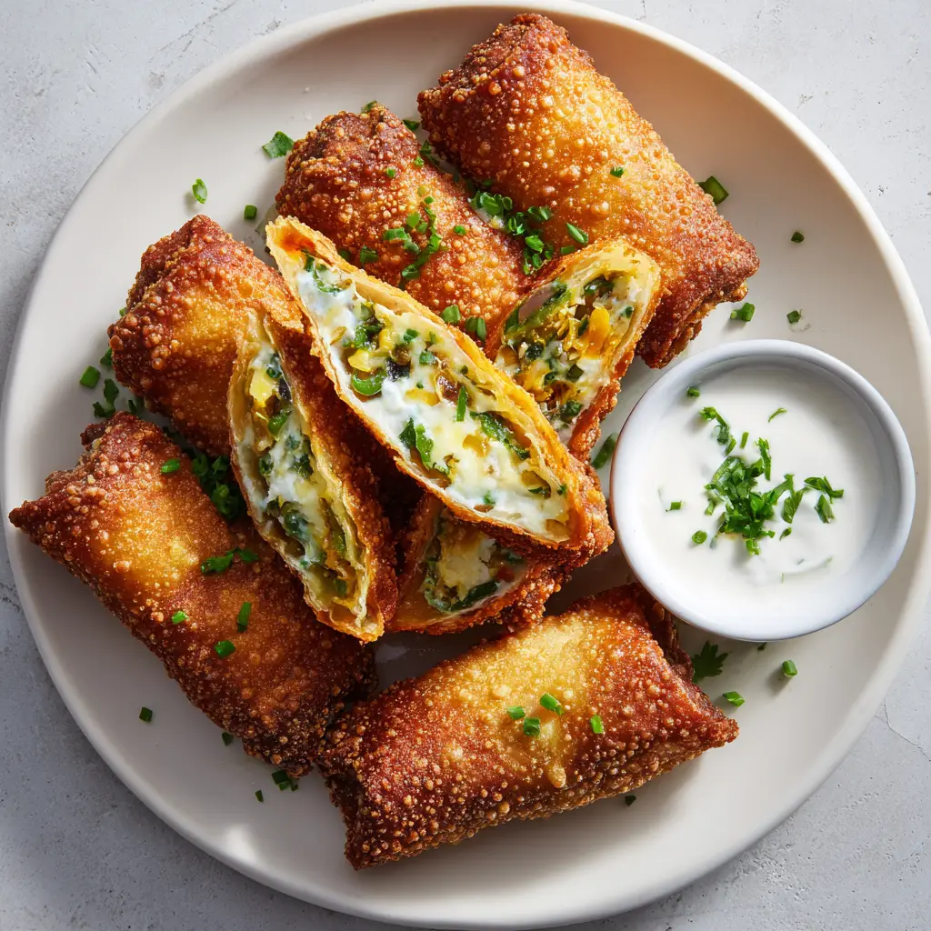 Jalapeno Popper Egg Rolls on a white ceramic plate next to a small bowl of creamy white dipping sauce, garnished with chopped fresh cilantro.