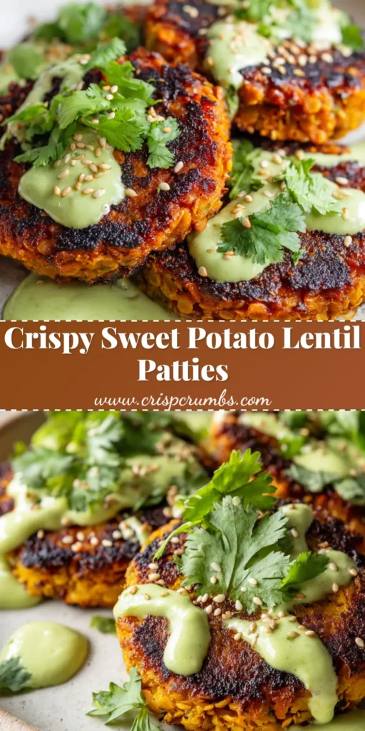 A close-up of three round, pan-fried sweet potato and red lentil patties with a crispy golden-brown and slightly charred exterior, resting on a rustic matte white ceramic plate, drizzled with thick avocado cilantro sauce.