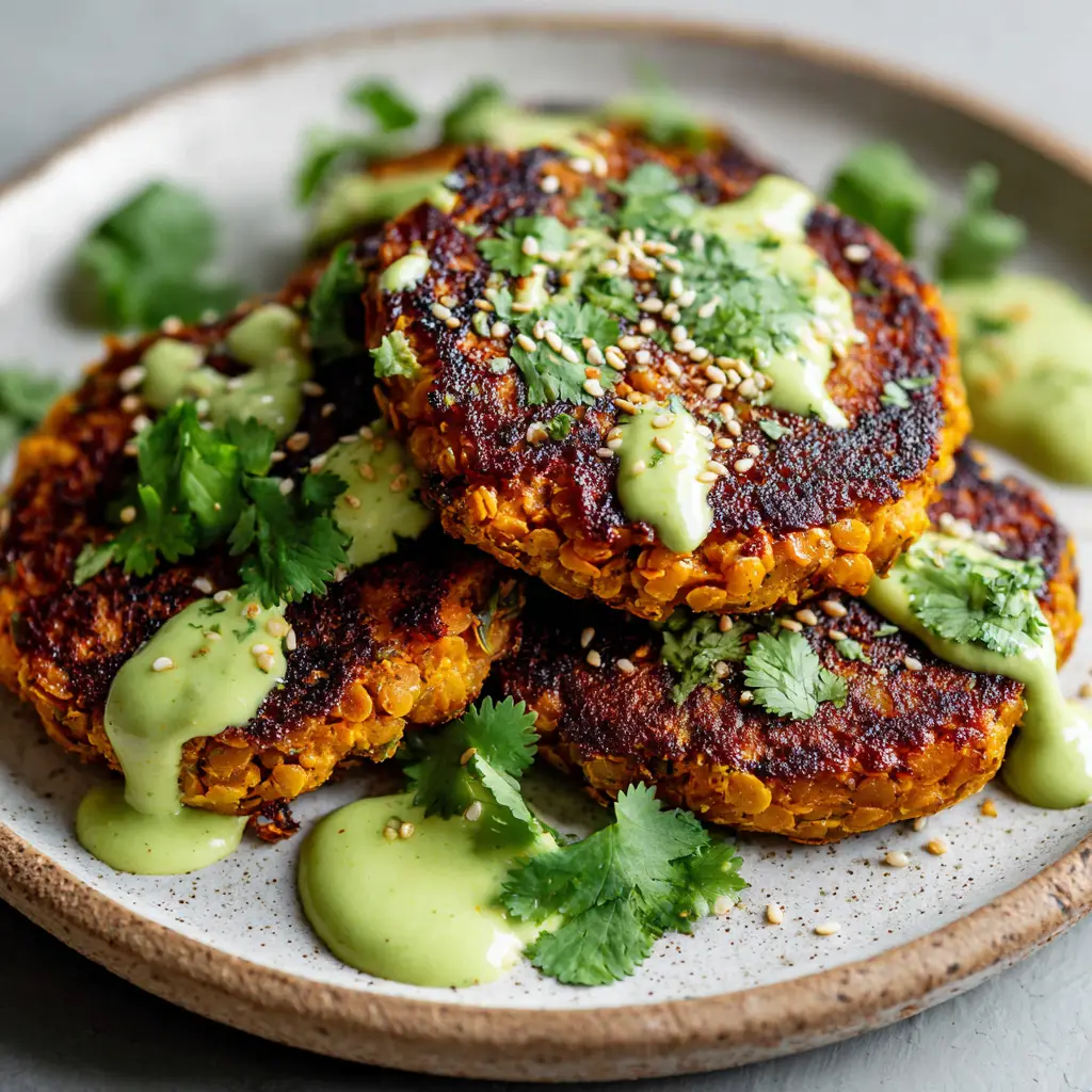 Three pan-fried sweet potato and red lentil patties on a matte white plate with fresh cilantro and toasted sesame seeds in soft natural daylight.