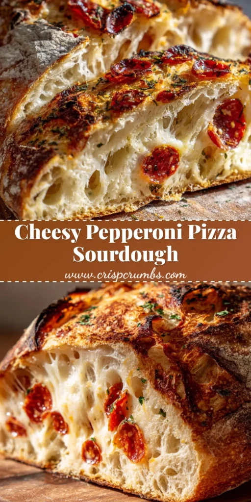 A freshly sliced artisan Pepperoni Pizza Sourdough Bread revealing a tender crumb packed with mozzarella cheese and curled pepperoni.