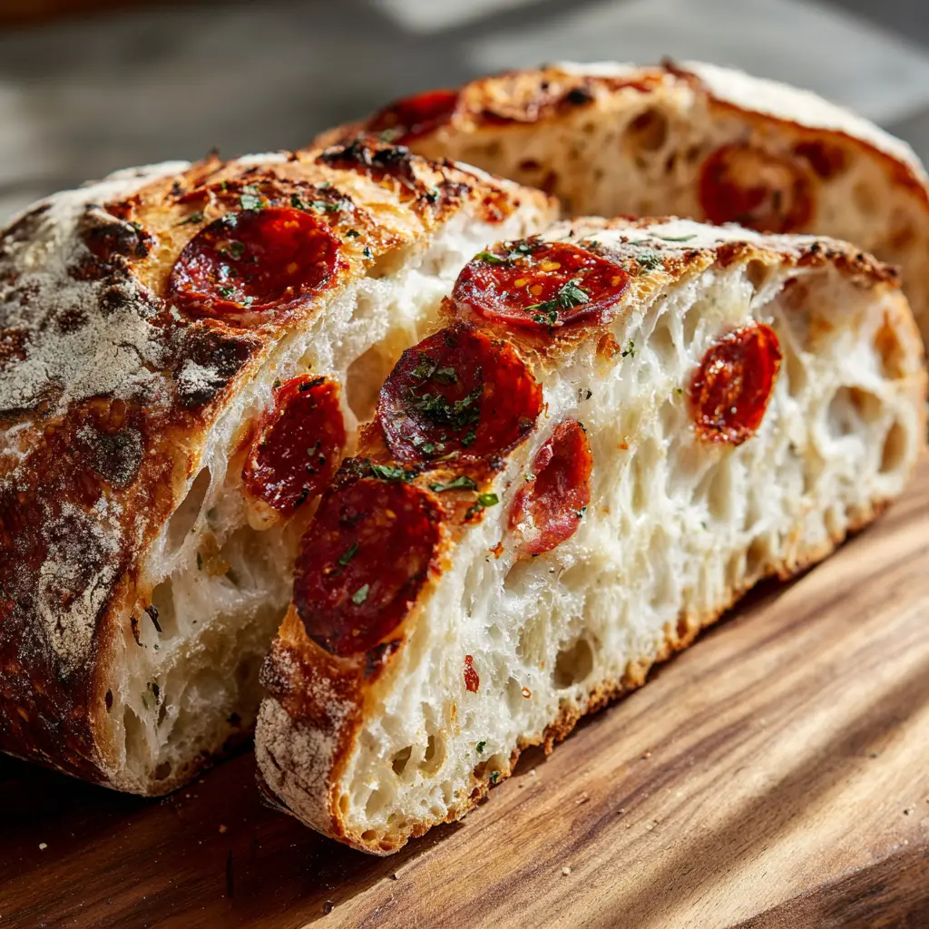 Close up of the thick, crusty, golden-brown exterior dusted with flour and showing blistered spots on the sourdough.