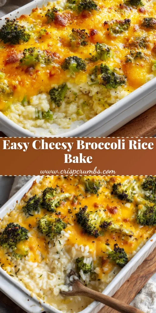 A rectangular white ceramic baking dish filled with freshly baked broccoli cheese rice casserole with bubbly golden-brown cheddar cheese and bright green broccoli florets.