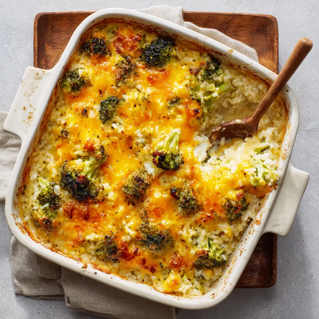 Golden-brown crispy charred cheese edges on a beautifully baked broccoli cheese rice casserole sitting on a wooden trivet.
