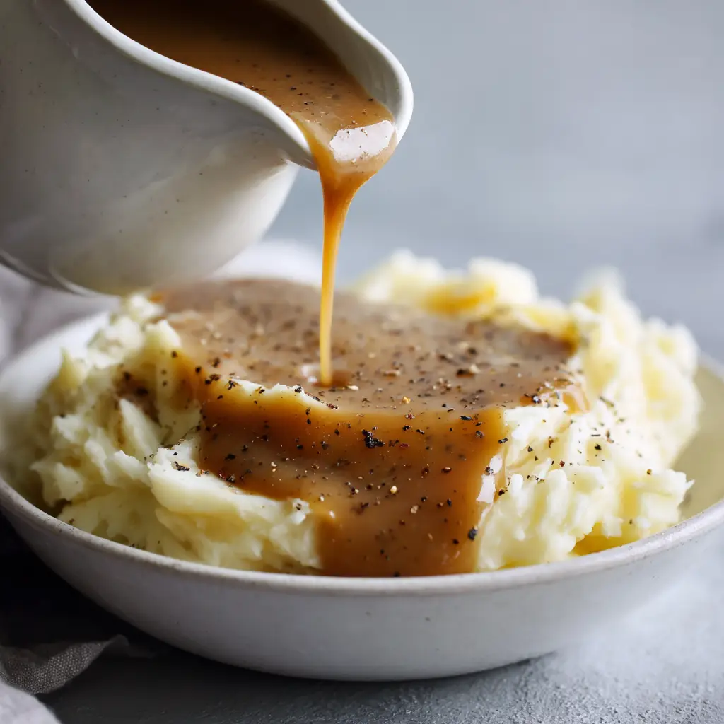 Thick Homemade KFC Gravy perfectly coating a fluffy mound of creamy mashed potatoes in a white bowl.