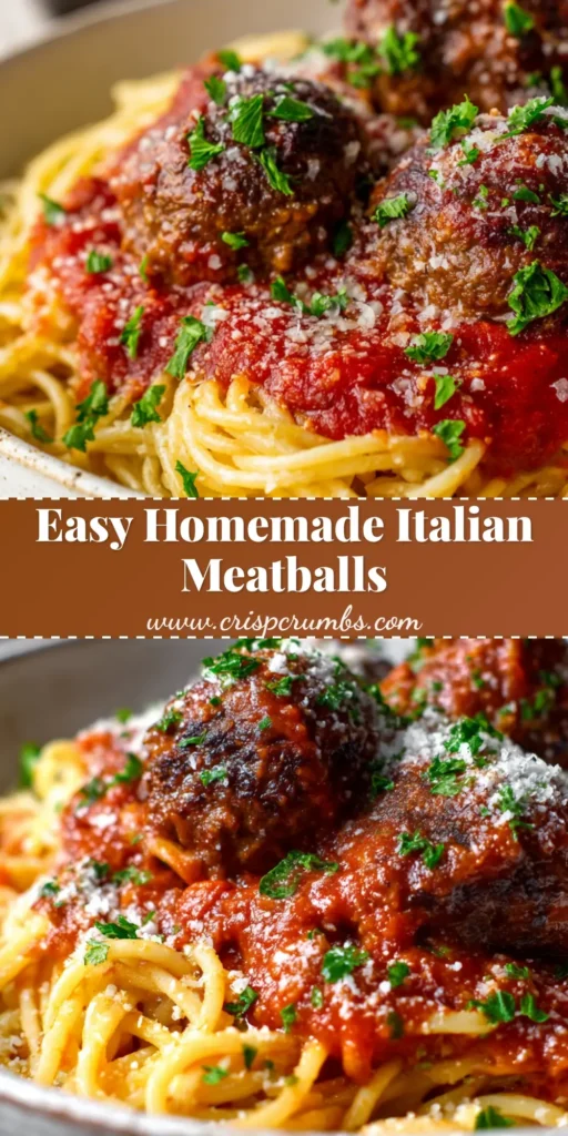 A rustic white ceramic pasta bowl filled with swirling spaghetti, thick red marinara sauce, and three large charred Easy Italian Meatballs dusted with Parmesan and parsley.