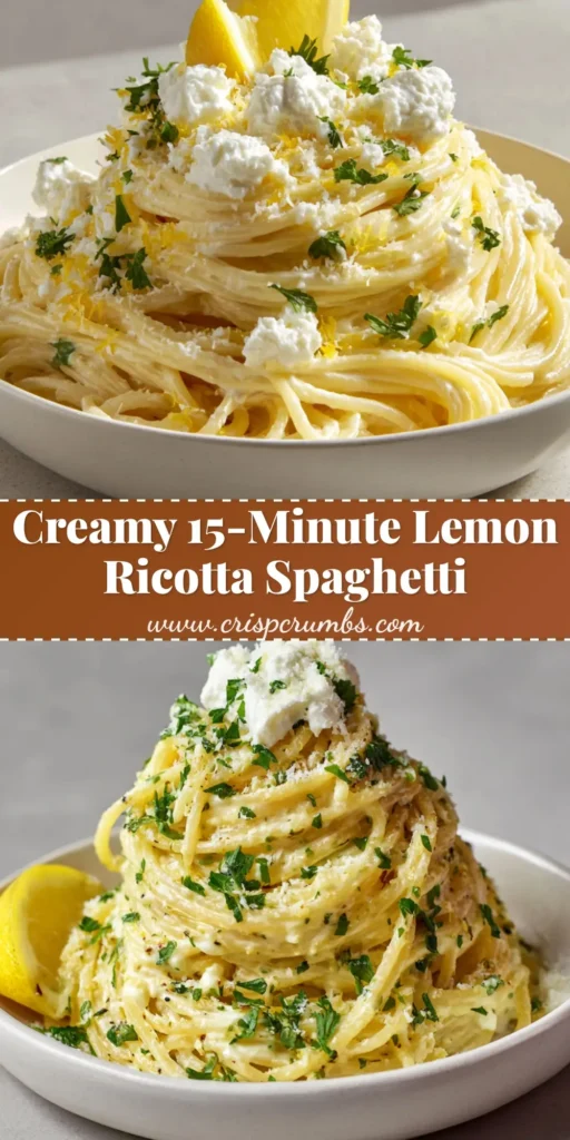 A shallow white ceramic pasta bowl filled with a tall, dense swirl of al dente Lemon Ricotta Spaghetti, topped with thick ricotta dollops, fresh parsley, and a lemon wedge.