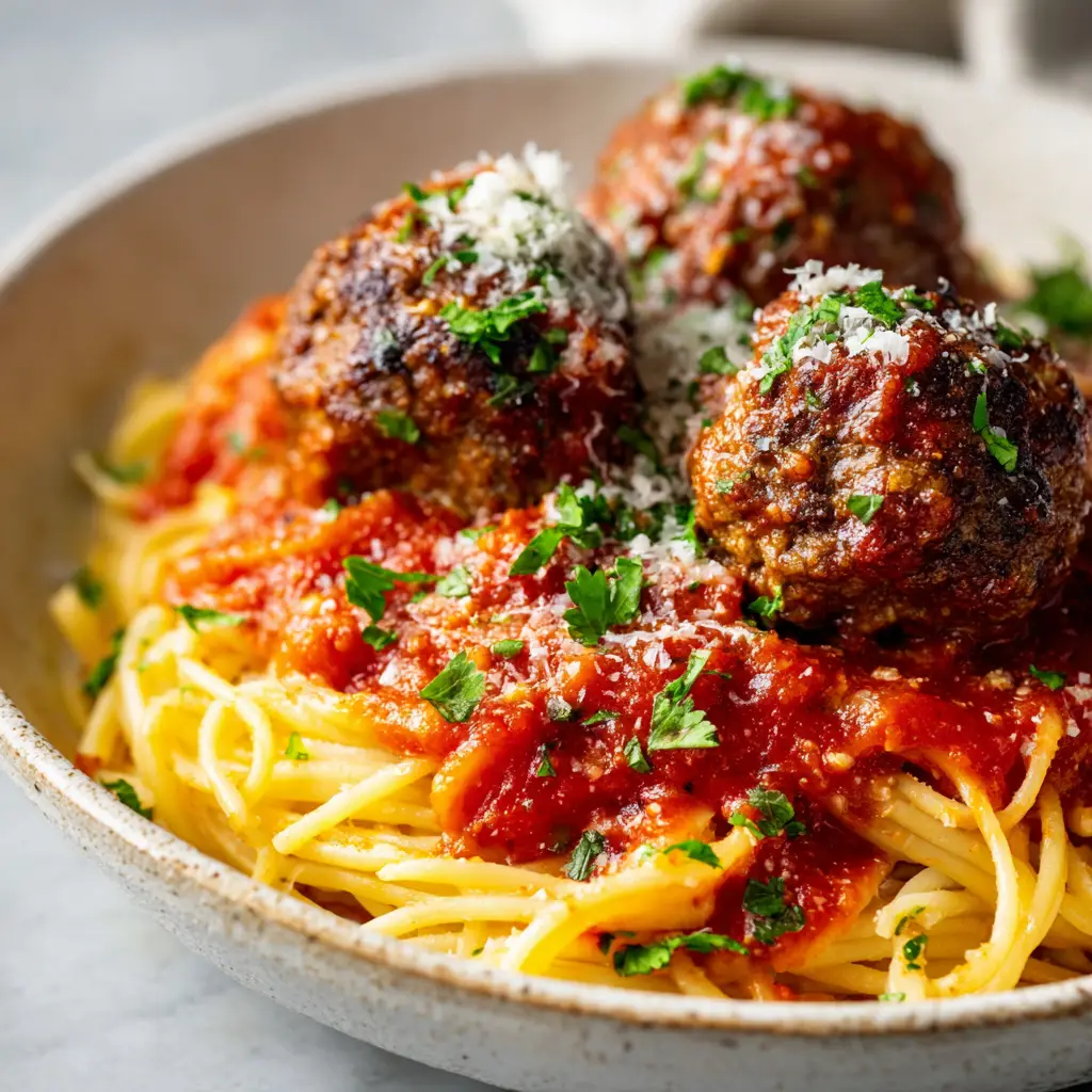 Three large Easy Italian Meatballs dusted with freshly grated Parmesan cheese and finely chopped fresh green parsley flakes served in a rustic white ceramic pasta bowl.