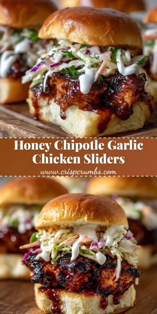 A rustic wooden board featuring delicious honey chipotle chicken sliders with glossy dark sauce, creamy coleslaw, and white garlic drizzle on soft brioche buns.