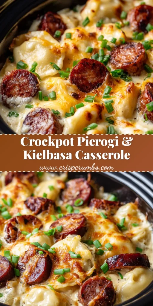 A close-up shot of a creamy Crockpot Pierogi Casserole inside a black ceramic slow cooker insert, topped with golden-brown roasted melted cheese, seared kielbasa, and vibrant green scallions.
