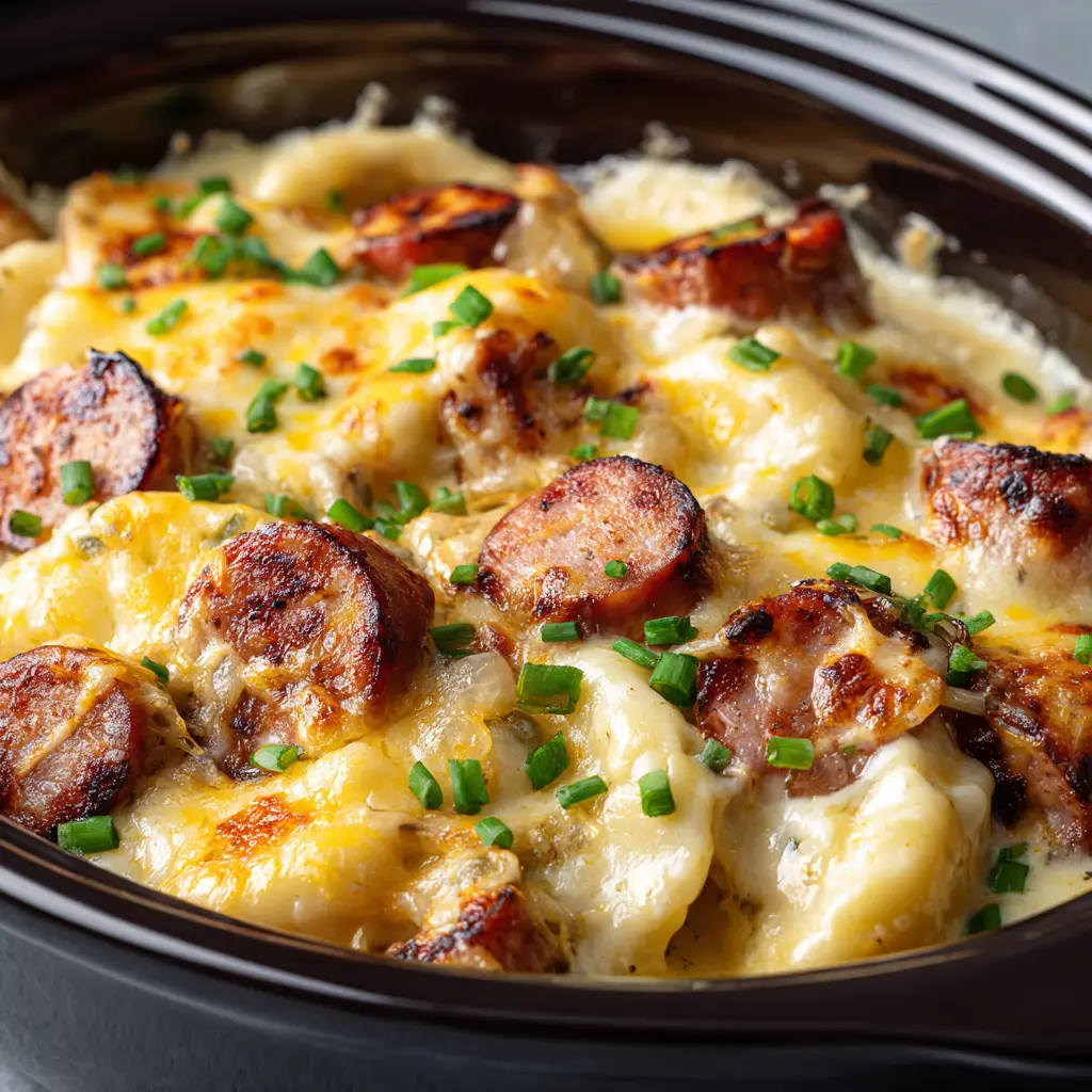 Gooey, bubbly melted cheddar and mozzarella cheese with golden-brown roasted spots covering the top layer of a slow cooker pierogi bake.