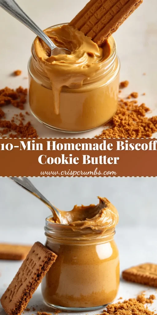 A close up shot of a small clear glass jar filled with smooth, golden-brown creamy Biscoff cookie butter spread, a silver metal spoon resting inside the jar heavily coated in the thick velvety spread, a whole rectangular Biscoff speculoos cookie leaning against the rim of the jar, scattered finely crushed baked Biscoff cookie crumbs on the light surface around the base of the jar. (Biscoff cookie butter recipe)