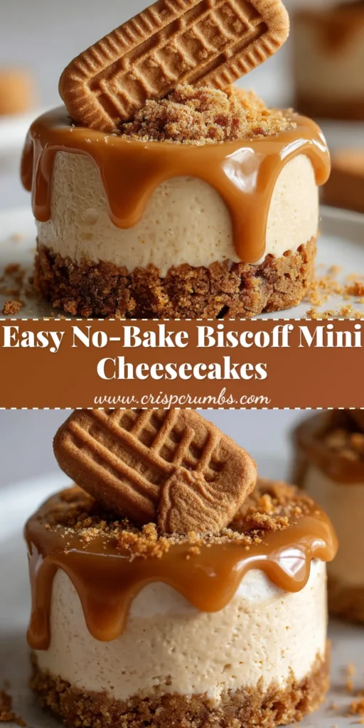 A tall, Pinterest-ready image showcasing a single No Bake Mini Biscoff Cheesecake with a glossy melted cookie butter drip and a whole cookie garnish on top.