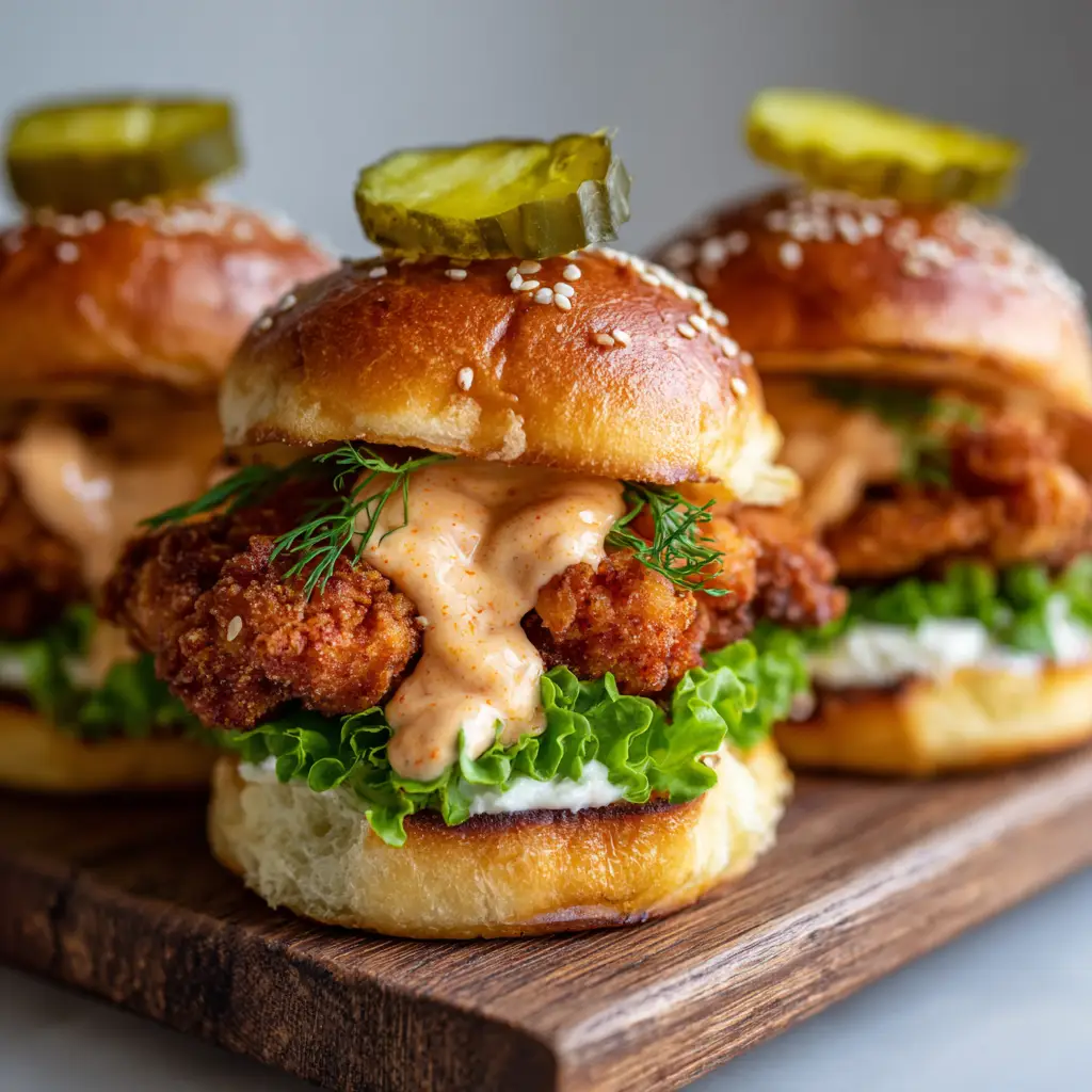 Close-up of a deep golden-brown fried chicken breast fillet sitting on top of fresh green lettuce and a toasted brioche bun.