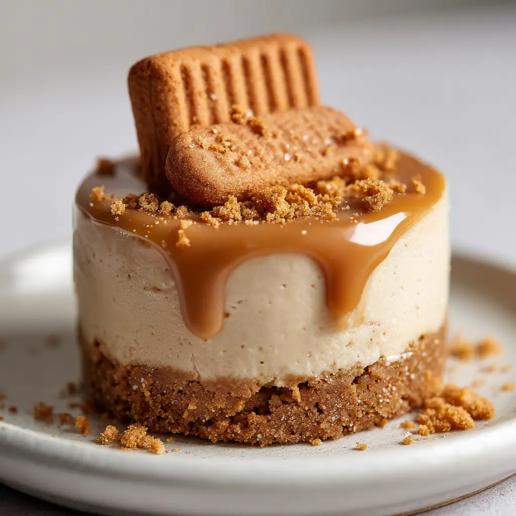 Detailed view of the glossy, melted caramel-colored Biscoff cookie butter spread dripping over the edge of a mini cheesecake.