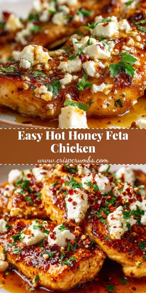 A close-up of Hot Honey Feta Chicken on a rustic white plate, featuring pan-seared golden chicken, a thick amber glaze, and melting crumbled feta cheese.