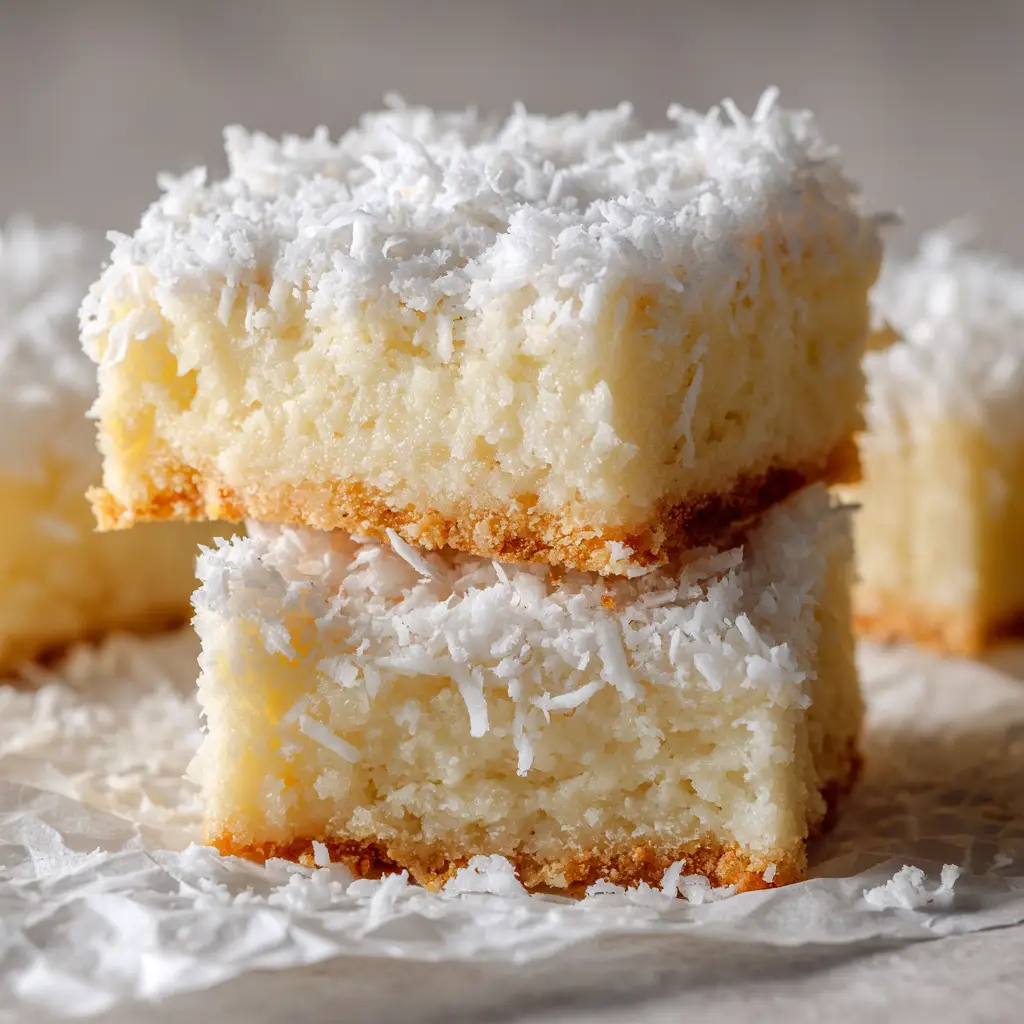 Detailed texture of dessert bars featuring a thick, dense white base thoroughly mixed with shredded coconut and a snowy topping.