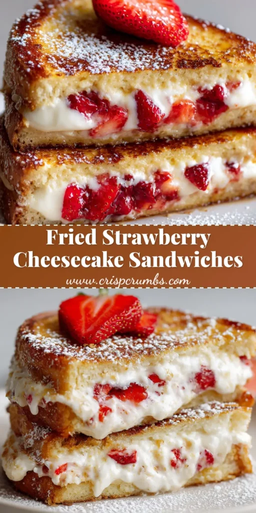 A stack of offset, pan-fried strawberry cheesecake sandwiches dusted with powdered sugar, showing an oozing cream cheese and glossy strawberry filling.