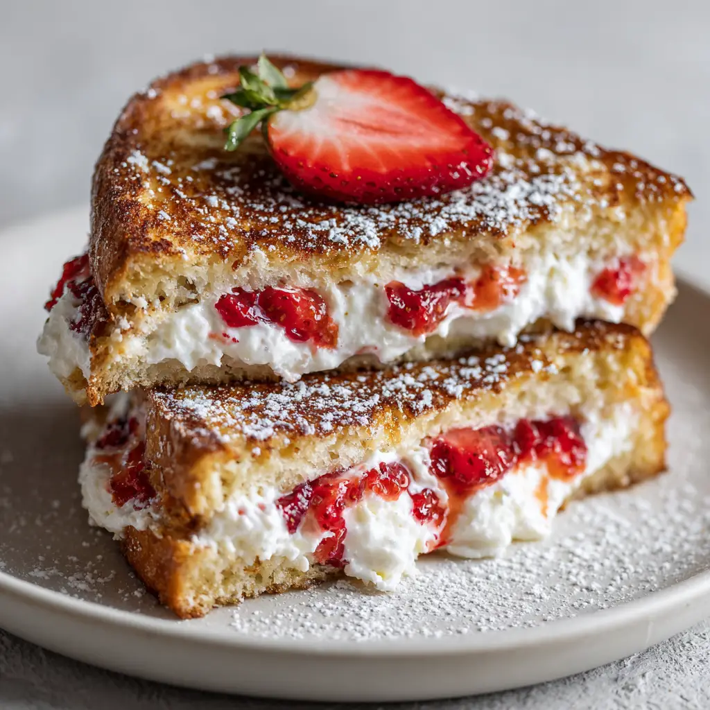 Fried Strawberry Cheesecake Sandwich garnished with a single fresh strawberry slice and a light dusting of white powdered sugar.