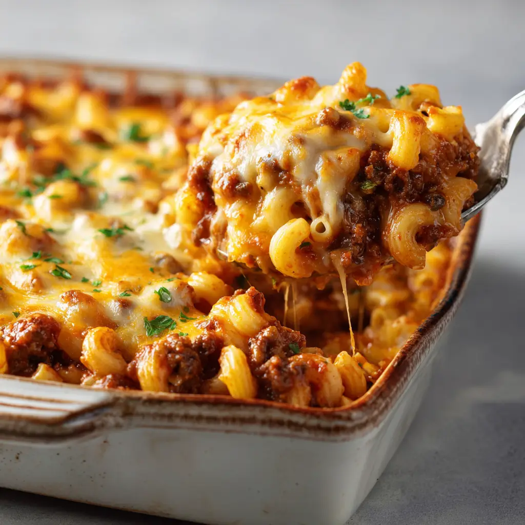 Freshly baked cheesy beef and macaroni casserole topped with broiled, golden-brown bubbly cheddar and mozzarella cheese and sprinkled with parsley.