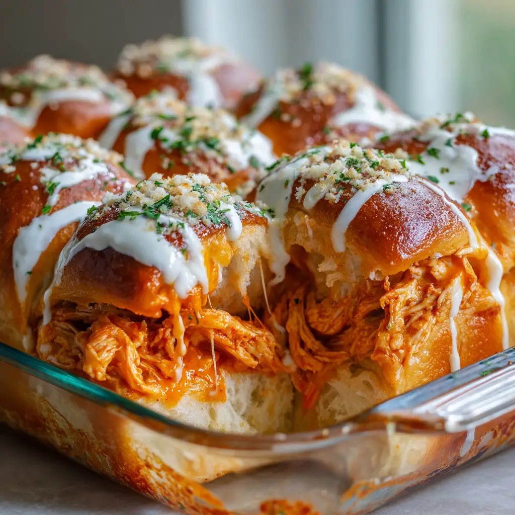 Melted gooey white provolone cheese stretching over shredded chicken coated in vibrant orange-red buffalo sauce with streaks of ranch dressing in a glass baking dish.