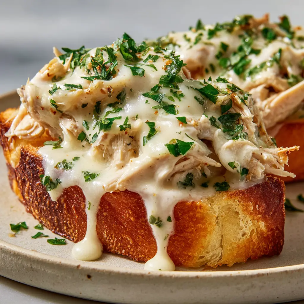 A thick blanket of heavily melted, slightly bubbly, gooey white mozzarella cheese stretching over the sides of a toasted sandwich roll, garnished with fresh green parsley.